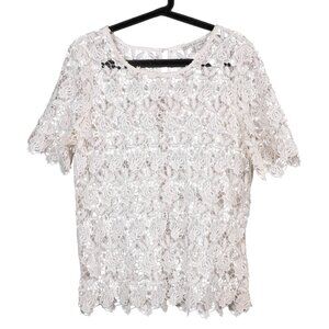 Haute Monde Floral Blouse XL Womens White Lace Short Sleeve Sheer Career Casual